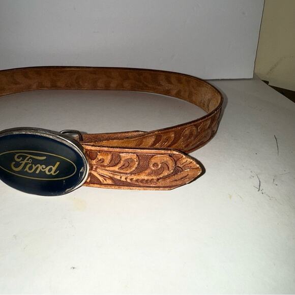 VINTAGE FORD brown tooled leather western style belt 32-36 in - Picture 4 of 7